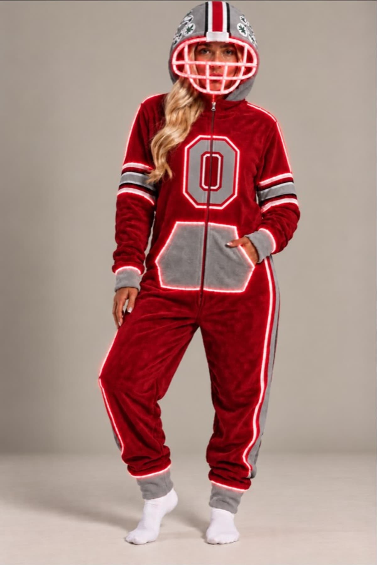 Ohio State Buckeyes onesie with helmet-style hood and illuminated detailing as pictured